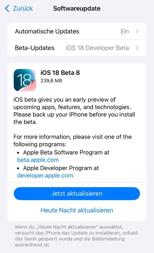 古塔苹果手机维修分享苹果 iOS / iPadOS 18 开发者预览版 Beta 8 发布 